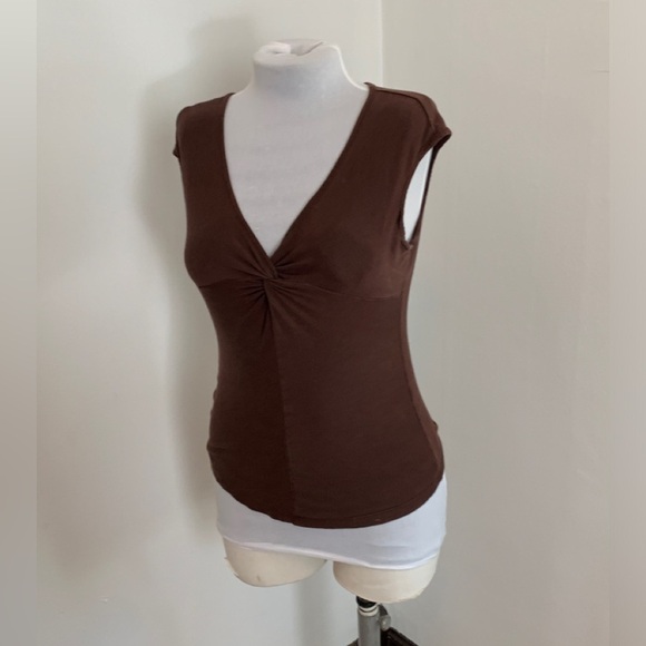 VTG Lipsy chocolate Brown Y2k 2000s Soft Cap Sleeve Top Twist Front sexy thin - Picture 10 of 11